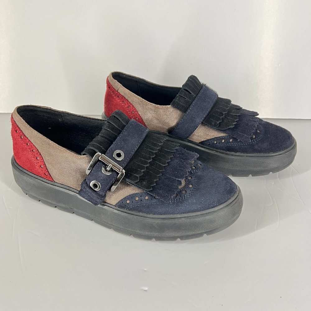 Geox Kaula‎ Blue Brown Red Suede Fringe Chunky Oxford Sneaker Shoes Sz 38 EU